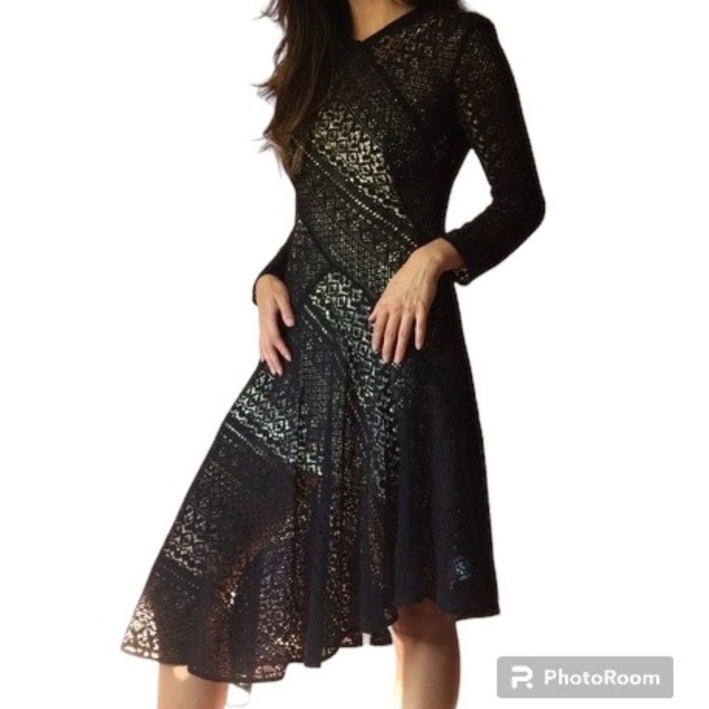 LOVER Asymmetric Long Sleeve Lace Dress Black US 6